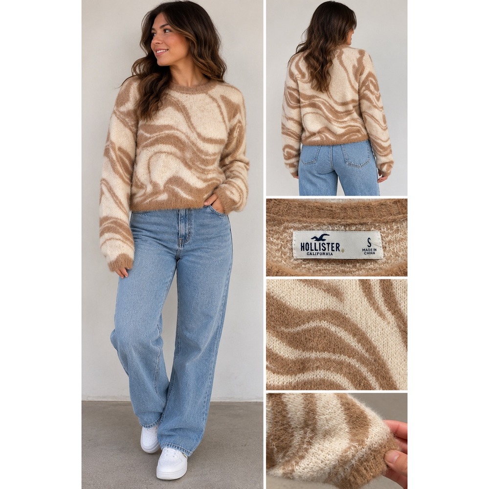 Hollister Womens Brown Cream Marble Swirl Fuzzy Eyelash Knit Crewneck Sweater S